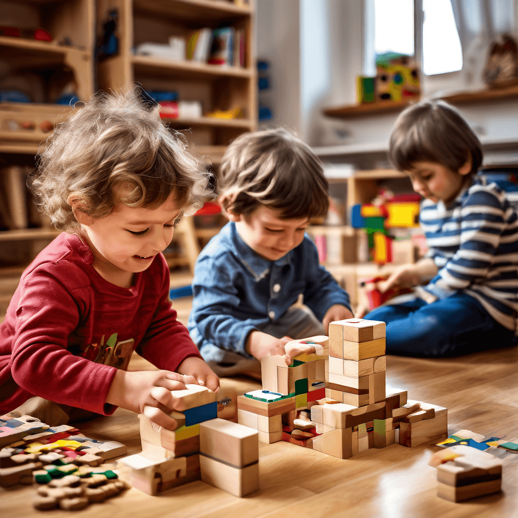 Un grupo de niños jugando con bloques de madera de construcción en el suelo de una habitación. Algunos están apilando los bloques para hacer torres, otros los están encastrado para formar figuras. En el fondo se ven estantes con más juguetes educativos como rompecabezas, figuras geométricas, libros de imágenes, etc.