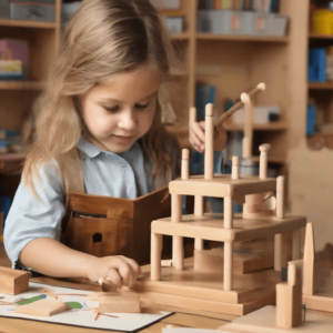 Niña pequeña jugando con una estructura de bloques de madera Montessori en una mesa.