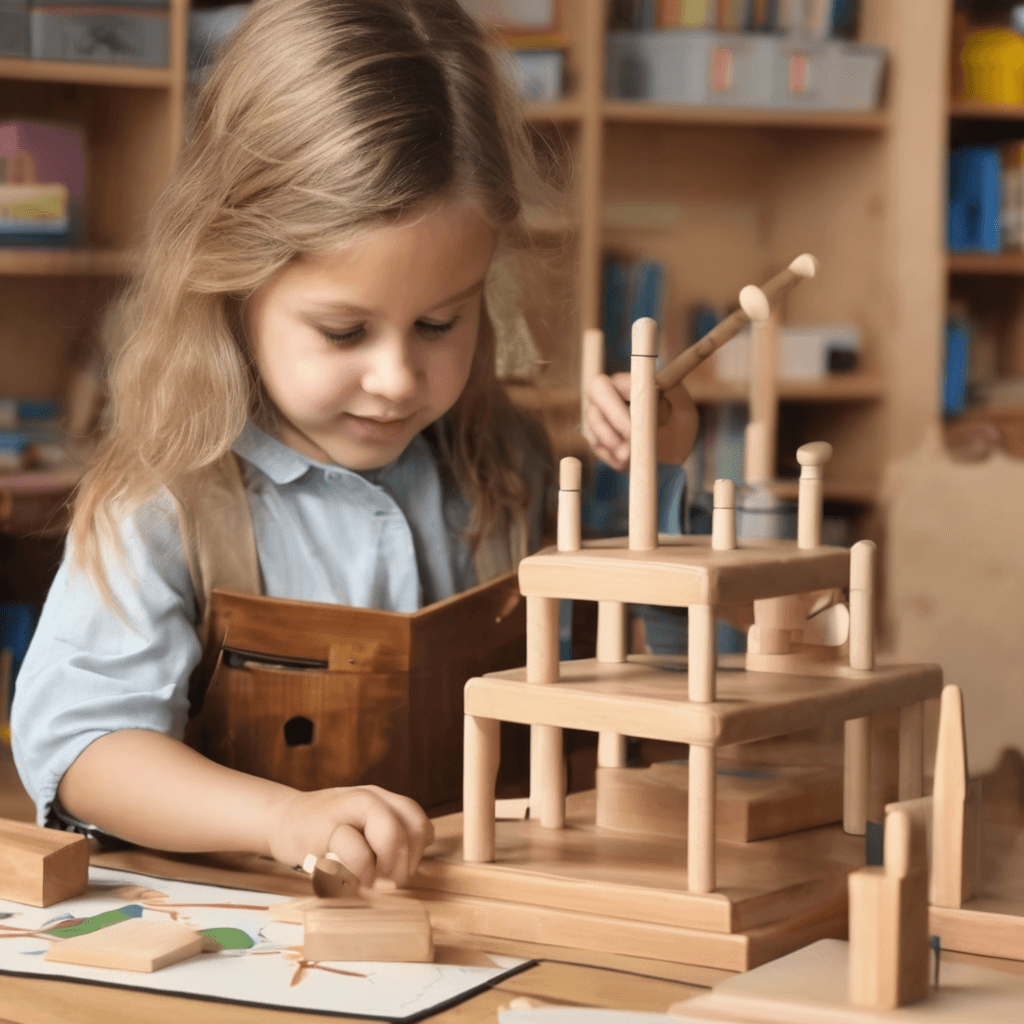 Niña pequeña jugando con una estructura de bloques de madera Montessori en una mesa.

